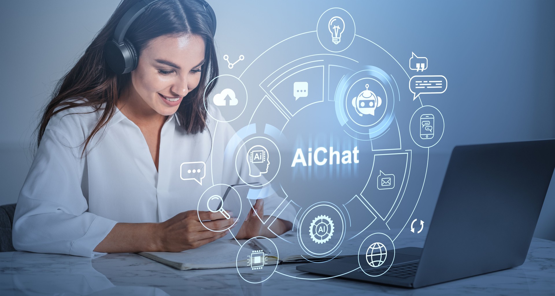 Woman using AI chat interface on laptop in office setting.